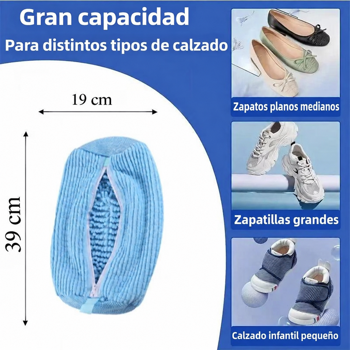 Medidas de la bolsa azul: 19 cm de ancho y 39 cm de largo